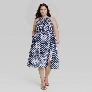 Ava & Viv Halter Neck A-Line Dress Blue and White Geometric Pattern